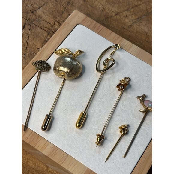 Vintage Gold-Tone Stick Pins Set Of 6 With Apple Kangaroo Crown & More - Picture 8 of 8